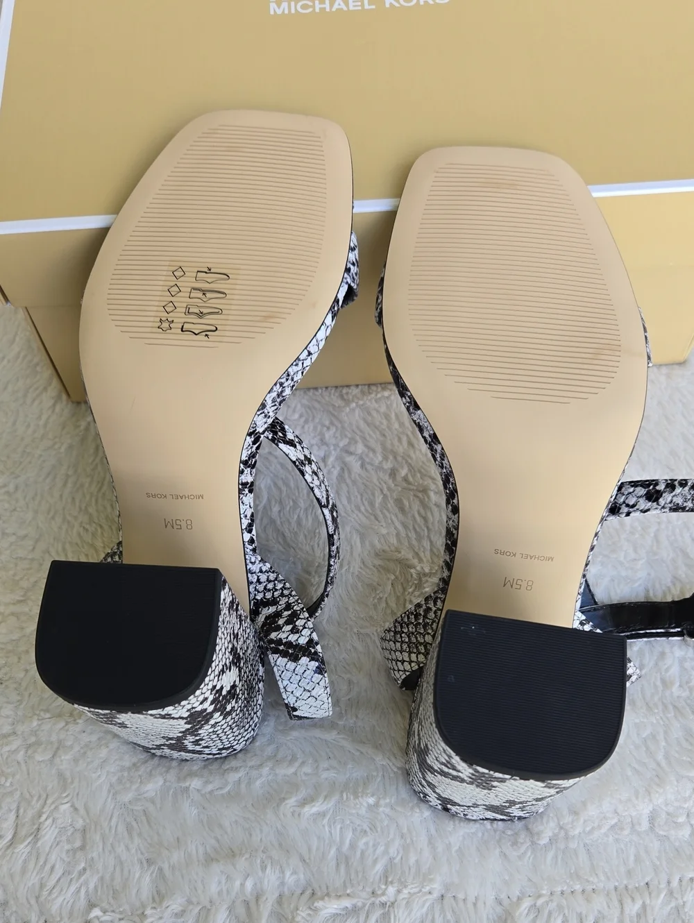 Michael Kors Black and White Snake-Print Block Heel Sandals
